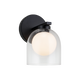 1-light wall sconce in matte black finish with clear glass dome shade and frosted globe bulb, product photo