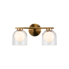 2-light vanity bar light in aged gold finish with clear glass dome shades on horizontal bar, product photo