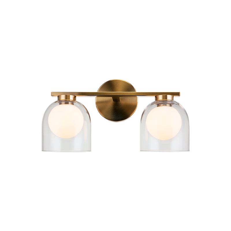 2-light vanity bar light in aged gold finish with clear glass dome shades on horizontal bar, product photo