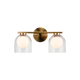 2-light vanity bar light in aged gold finish with clear glass dome shades on horizontal bar, product photo
