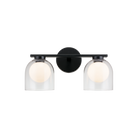 2-light vanity bar light in matte black finish with clear glass dome shades on horizontal bar, product photo
