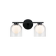 2-light vanity bar light in matte black finish with clear glass dome shades on horizontal bar, product photo