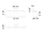 3-light vanity bar light line drawing showing 22 3/4 inch width and 8 1/8 inch height with dimensions