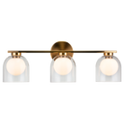 3-light vanity bar light in aged gold finish with clear glass dome shades on horizontal bar, product photo