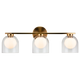 3-light vanity bar light in aged gold finish with clear glass dome shades on horizontal bar, product photo