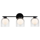 3-light vanity bar light in matte black finish with clear glass dome shades on horizontal bar, product photo