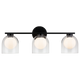 3-light vanity bar light in matte black finish with clear glass dome shades on horizontal bar, product photo