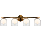 4-light vanity bar light in aged gold finish with clear glass dome shades on horizontal bar, product photo