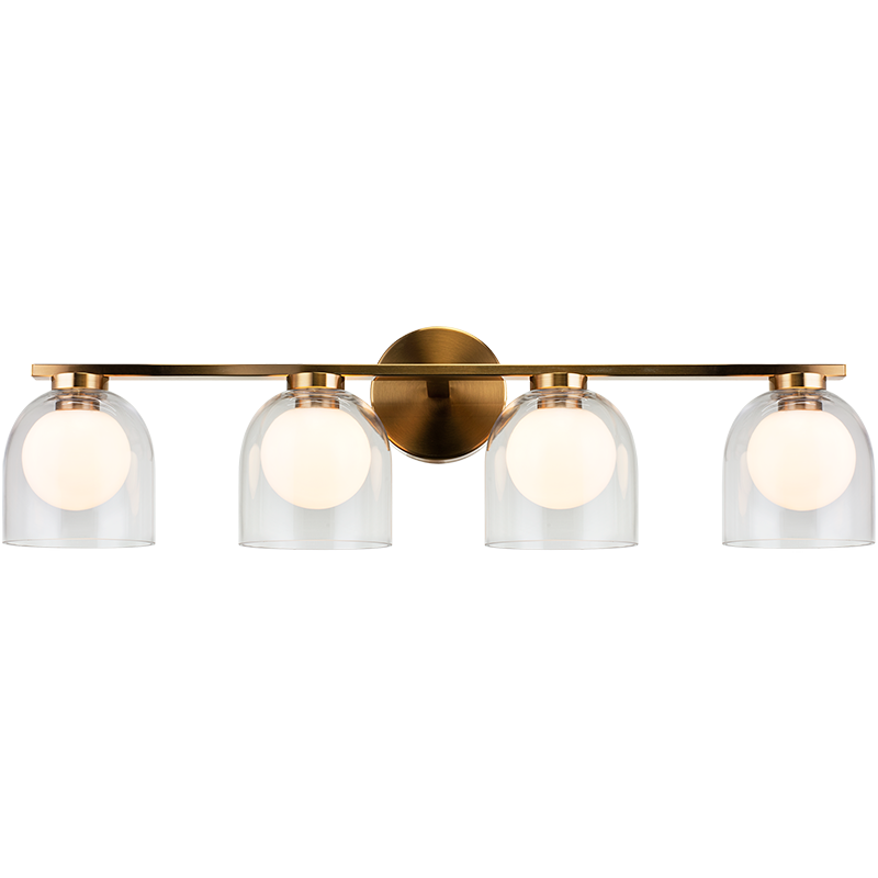 4-light vanity bar light in aged gold finish with clear glass dome shades on horizontal bar, product photo