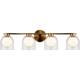 4-light vanity bar light in aged gold finish with clear glass dome shades on horizontal bar, product photo