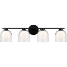 4-light vanity bar light in matte black finish with clear glass dome shades on horizontal bar, product photo