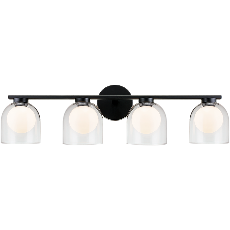 4-light vanity bar light in matte black finish with clear glass dome shades on horizontal bar, product photo