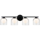 4-light vanity bar light in matte black finish with clear glass dome shades on horizontal bar, product photo