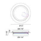Round flush mount ceiling light line drawing showing 12 inch diameter and 2 1/8 inch height with dimensions