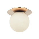 Flush mount ceiling light with champagne gold disc canopy and large frosted globe shade, product photo