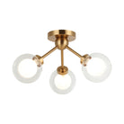 3-Light ceiling mount with orbital ring glass shades in aged gold finish, product photo
