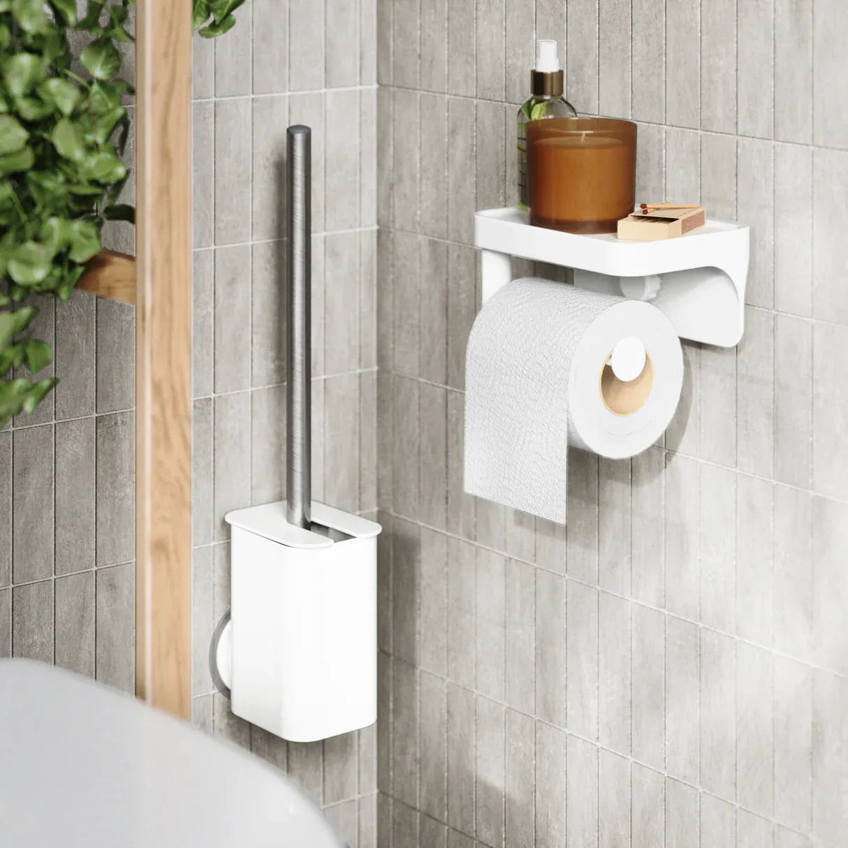 white minimal modern toilet paper holder and modern toilet brush holder mounted on wall