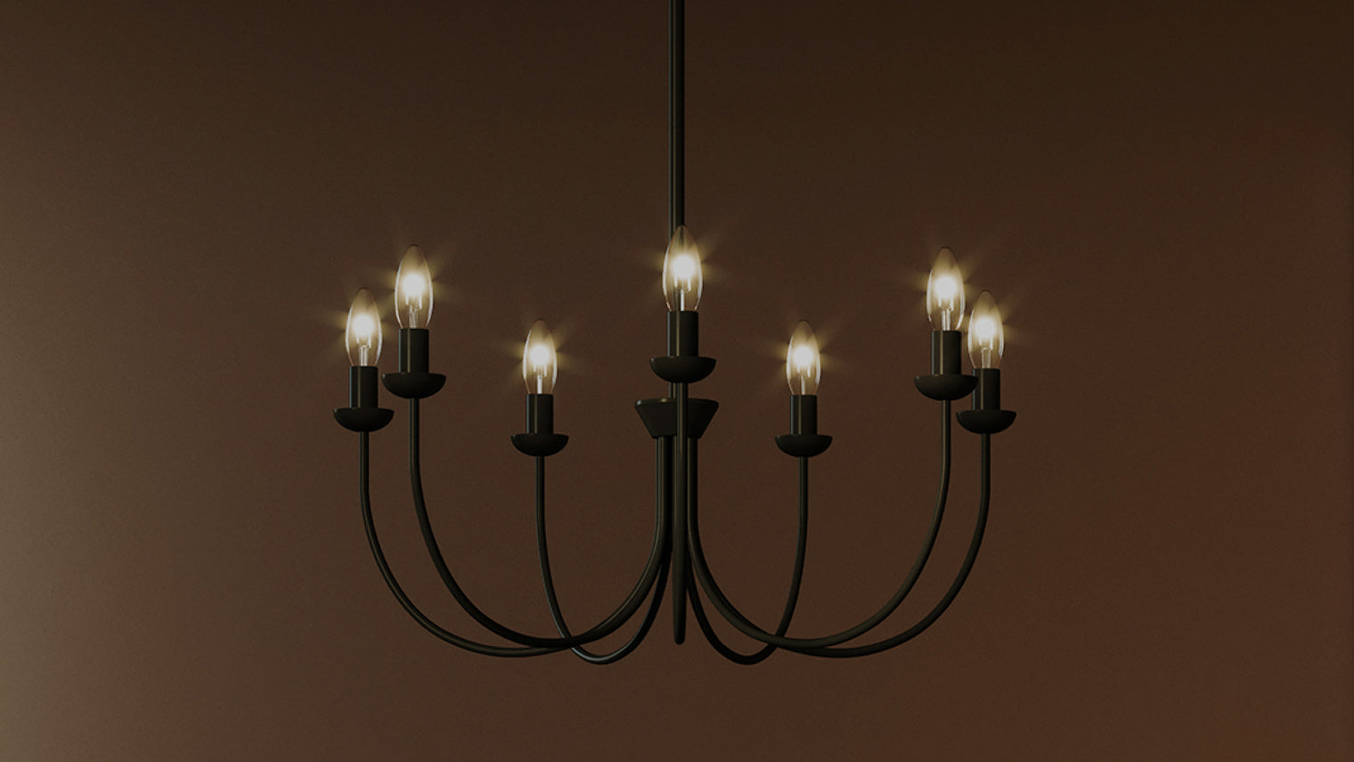 Matte black 8-arm candelabra chandelier with curved arms and exposed flame tip candle bulbs on dark background