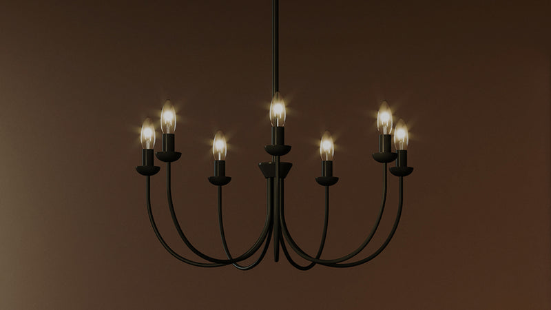Black chandelier with multiple lights on a brown background