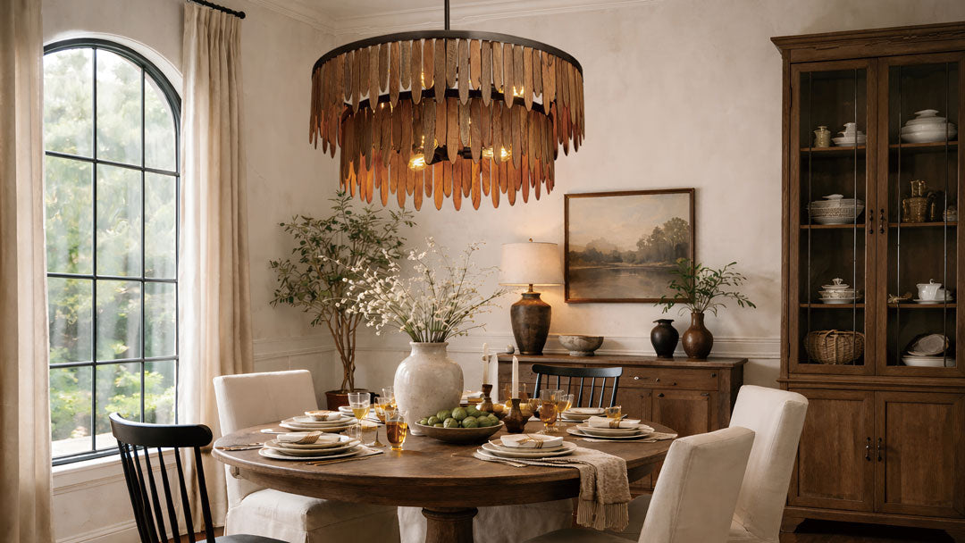 Rustic wood fringe tiered drum chandelier with warm Edison bulbs over round farmhouse dining table with linen slipcover chairs
