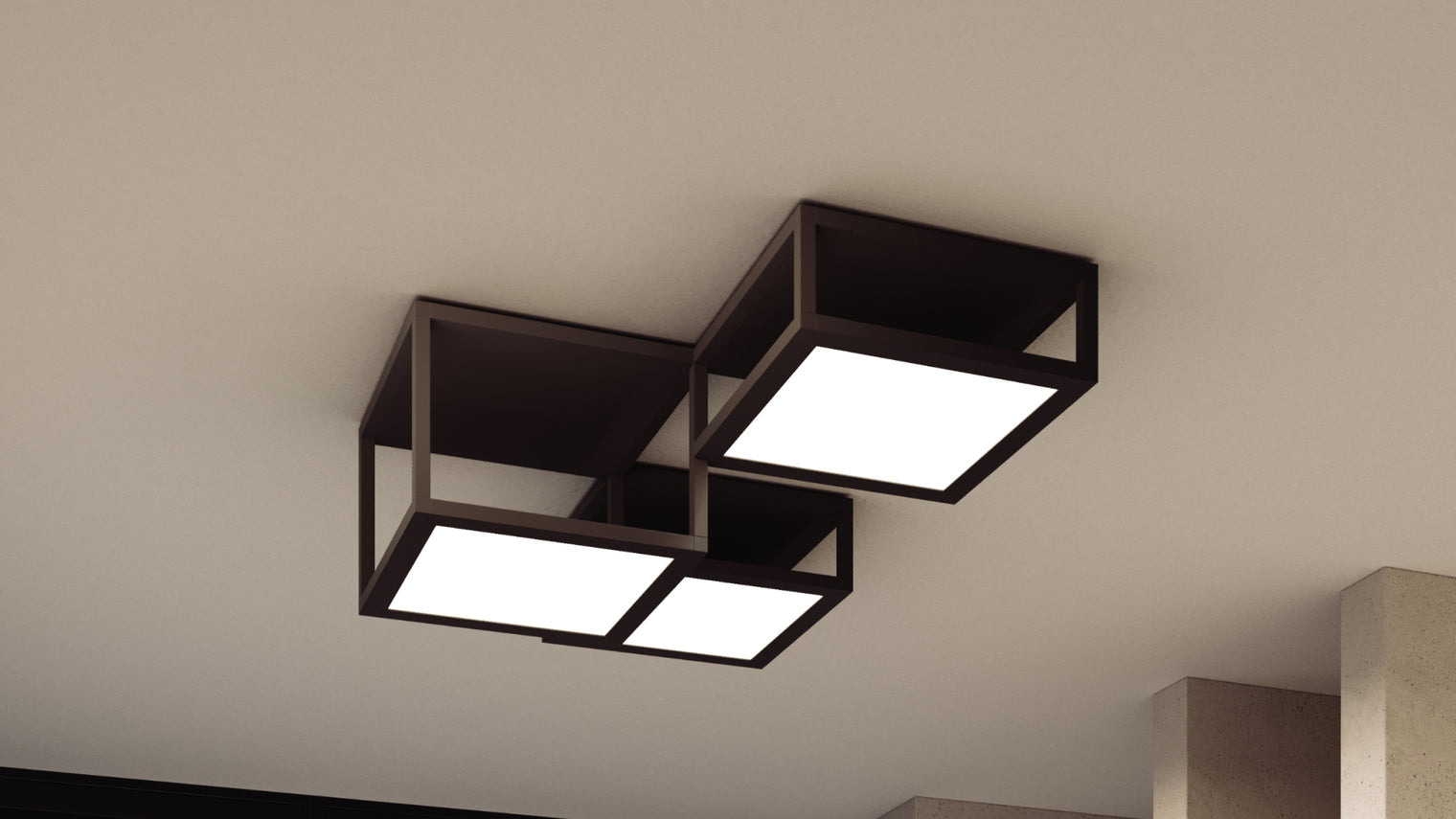 Dark bronze interlocking square frame flush mount ceiling light with frosted LED panels in modern geometric arrangement