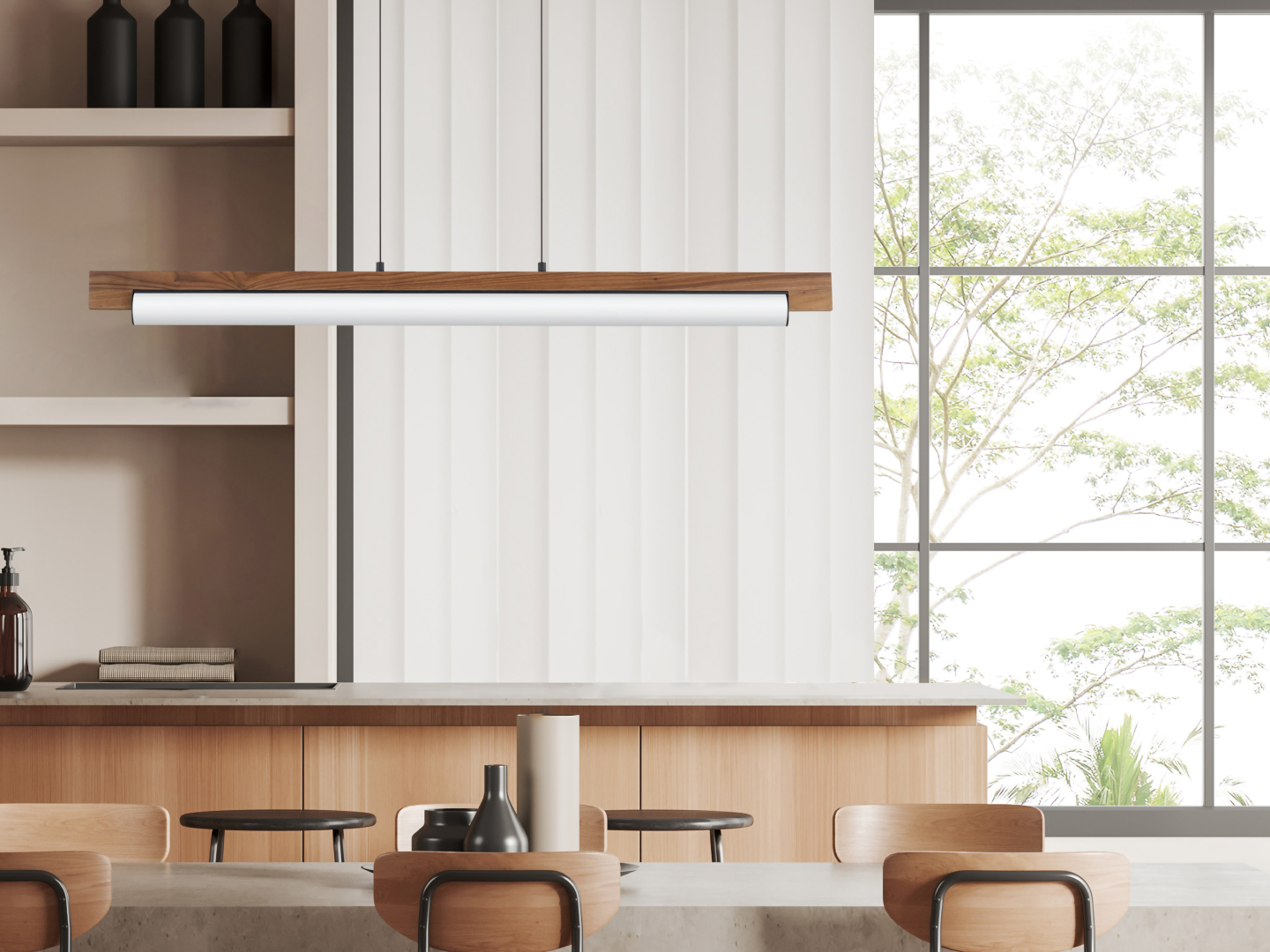 Walnut and white LED linear suspension pendant over concrete kitchen island with oak bar stools in bright Scandinavian interior