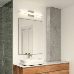 sleek long rectangular wall light above bathroom mirror, vanity light