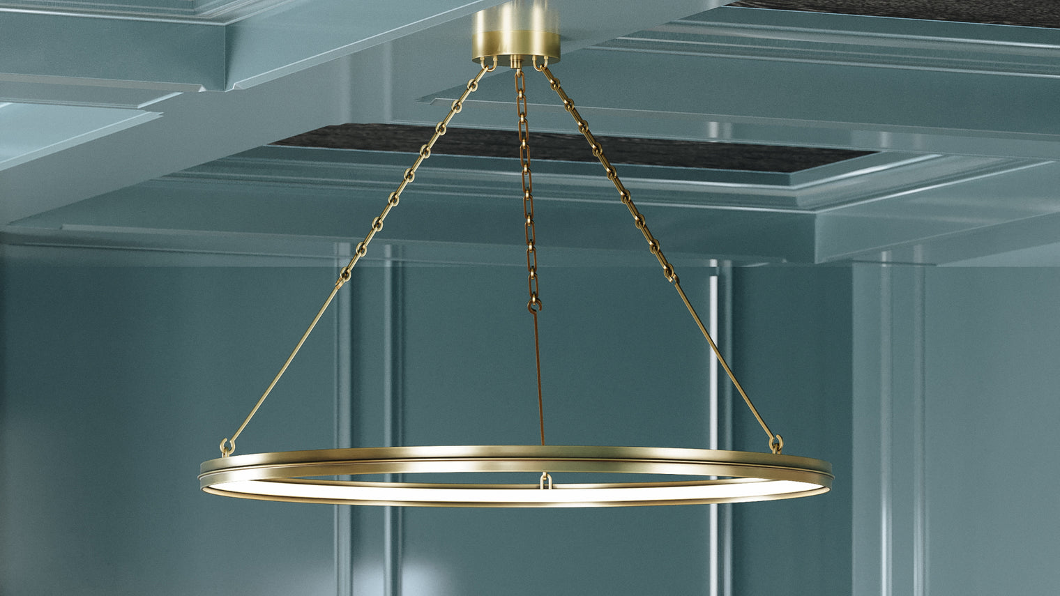 Large brushed brass LED halo ring chandelier suspended on brass chain from coffered teal ceiling in formal interior