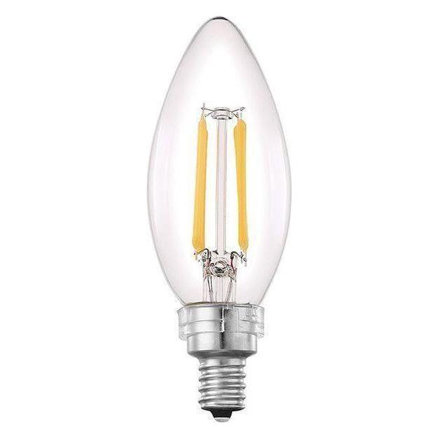 B11 LED filament bulb with clear glass, candle flame shape, and E12 base.