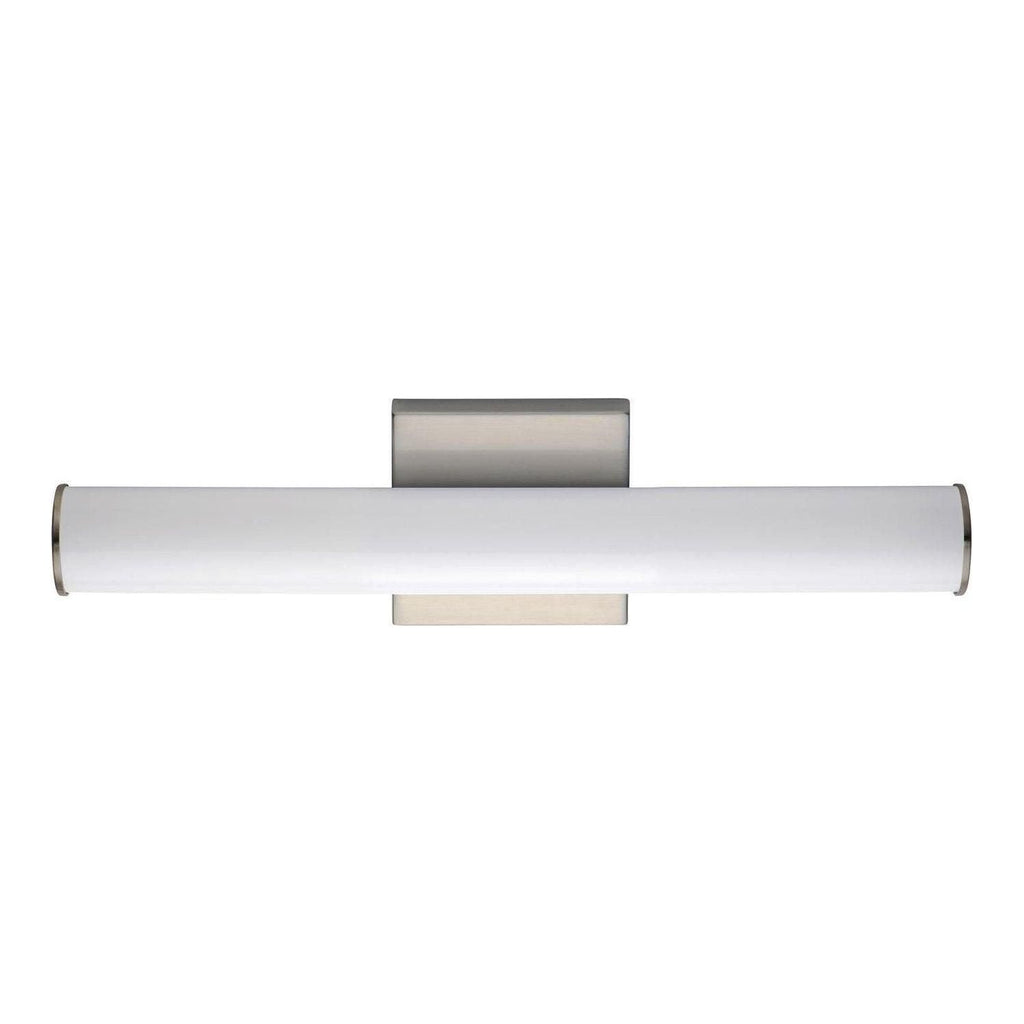 Rail vanity light with sleek horizontal frosted tube shade and brushed nickel mounting plate.