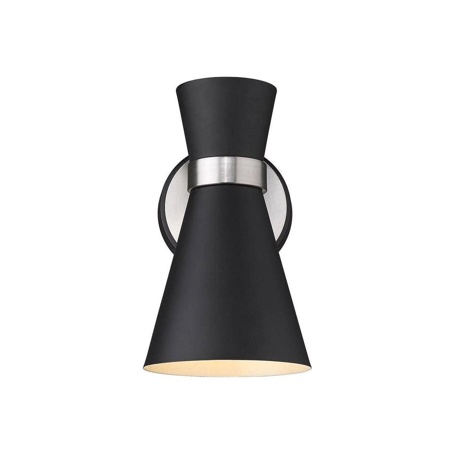 Soriano wall sconce by Z-Lite with black double-cone shade and brushed nickel accent.