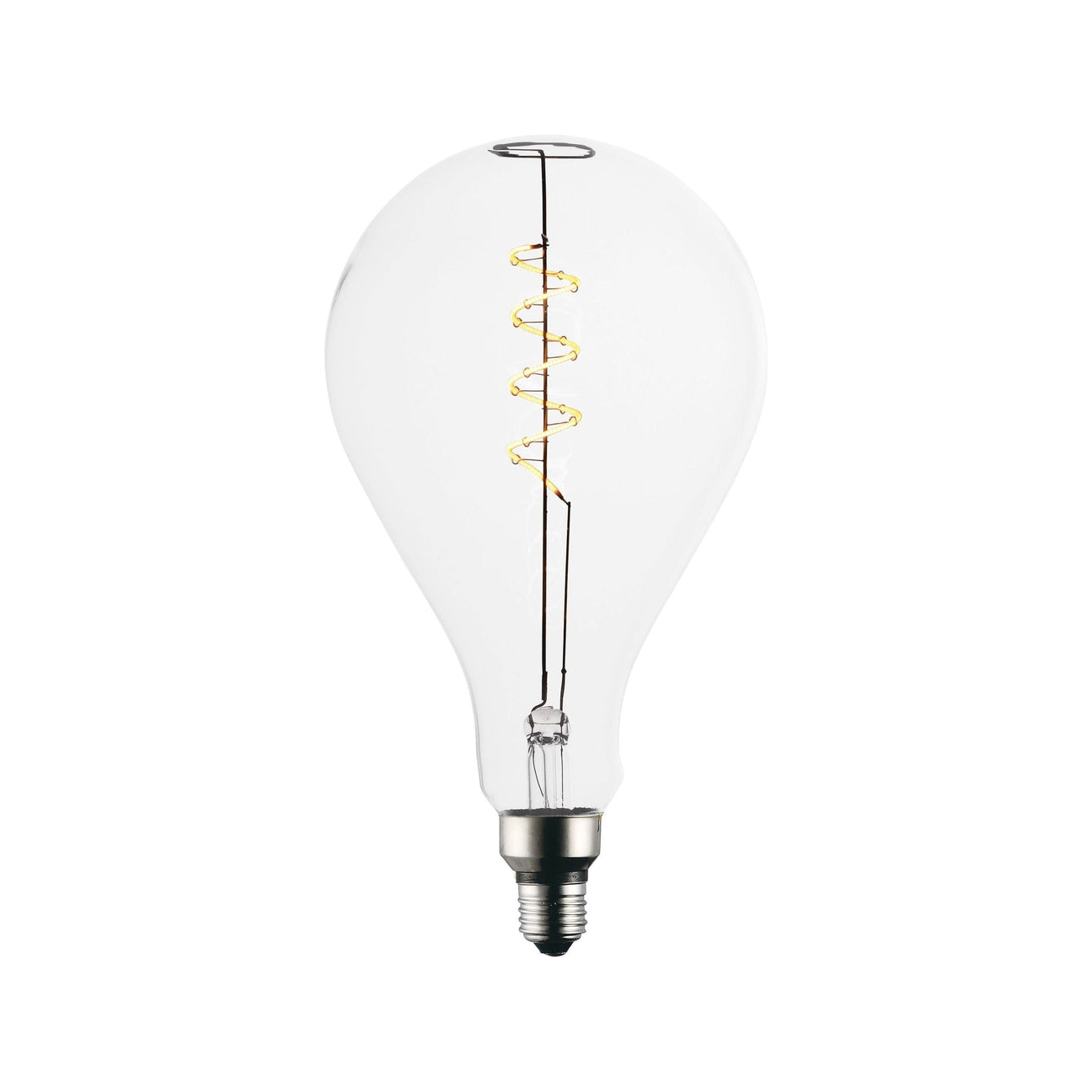 E26 D160 dimmable LED bulb with clear glass globe and flexible filament design.