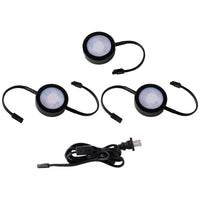 Three LED Puck Lights with 2-Double and 1-Single 6" Lead Wire and 6ft Power Cord with Roll Switch 3-CCT