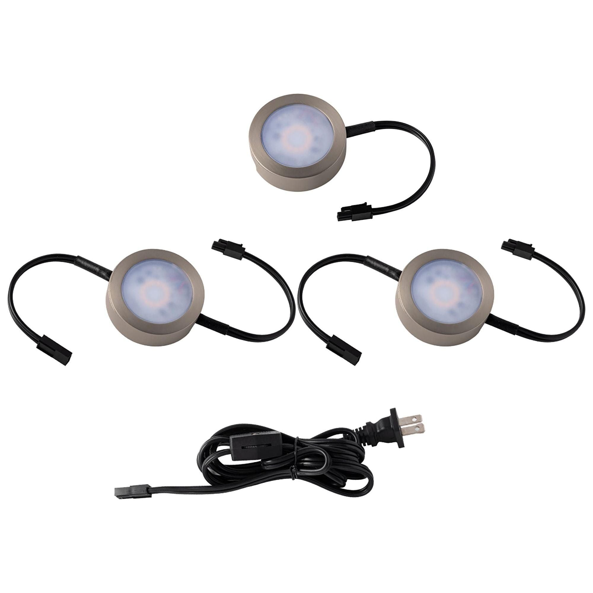 WAC Lighting - Three LED Puck Lights with 2-Double and 1-Single 6" Lead Wire and 6ft Power Cord with Roll Switch 3-CCT - Lights Canada
