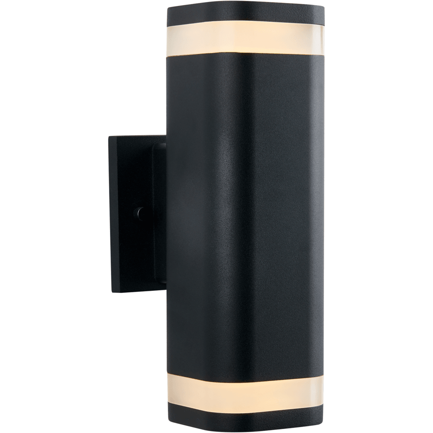 Artika Mettle wall sconce with modern black rectangular design and dual up and down LED light strips.