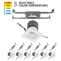 Pop-in 4" LED Square New Construction Recessed Kit 5-CCT Selectable (Pack of 6)